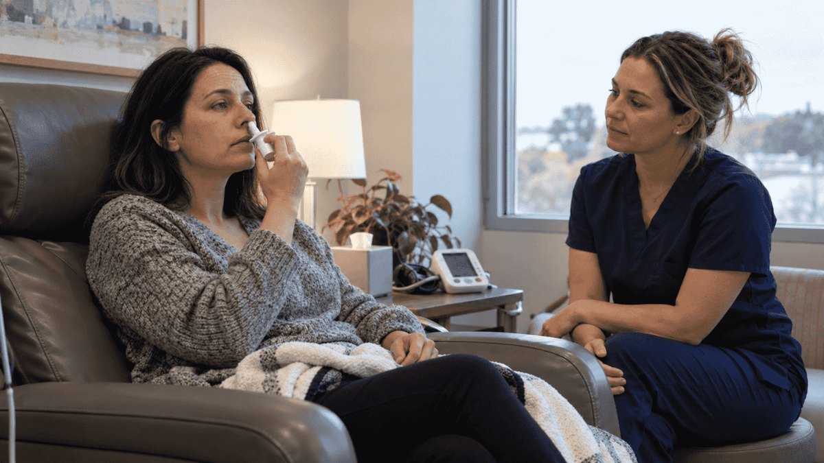 Spravato treatment session: patient using a nasal spray in a reclining chair while a provider monitors her